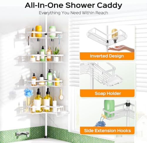 HAMITOR 4-Tier Bathtub Shower Caddy, Tension Pole Corner Shelves - Image 6