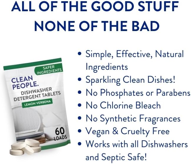 The Clean People Dishwasher Tablets - Cuts Grease & Rinses Sparkling Clean - Residue-Free - Phosphate Free Dishwashing Tablets (60 Count, Lemon Verbena)
