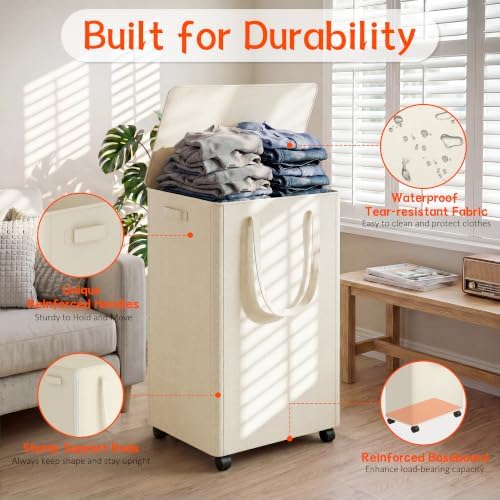 Slim Laundry Hamper with Wheels, 25 Gal Rolling Laundry Basket with lid and - Image 3