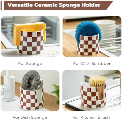 Zoeeker Sponge Holder for Kitchen Sink, Ceramic Checkered Dish Sponge Caddy - Image 4