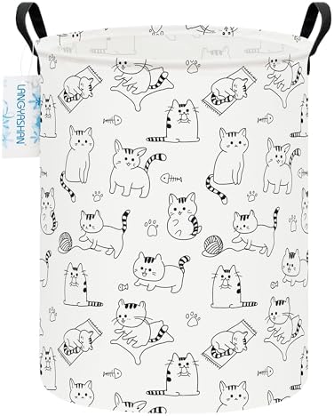 Round Laundry Basket Collapsible Storage Hamper Organizer Cat by LANGYASHAN