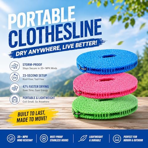Portable Clothesline for Outdoor & Home, 3 Pack Windproof Non-Slip Clothesline - Image 2