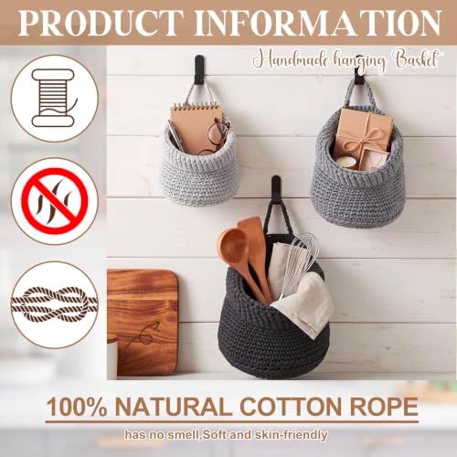 Honeydak 3 Hanging Baskets, Dark Grey, Cotton Rope - Image 3