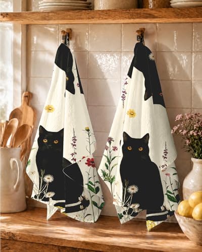 Miss Adola 150GSM Flour Sack Kitchen Towels Set of 2, Retro Cats Floral - Image 5
