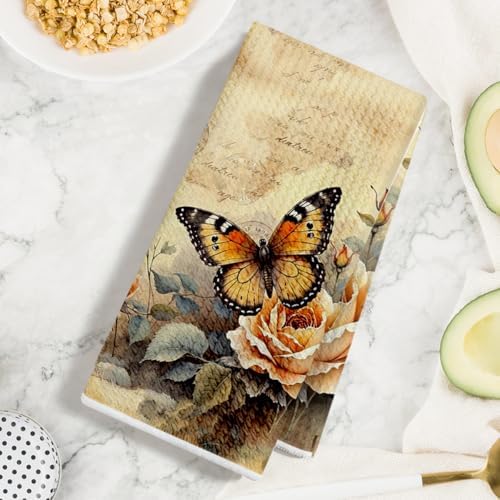 2 Pcs Vintage Butterfly Kitchen Towels, Flower Soft Absorbent Hand Towels - Image 3