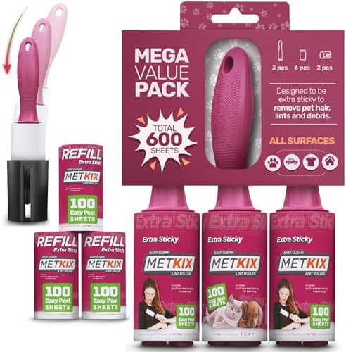 Lint Rollers for Pet Hair Extra Sticky | Protective Covers | Mega 600 Sheets by Metkix