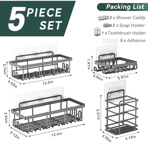5-Pack Adhesive Shower Caddy for Bathroom & Home Decor Grey - Image 2