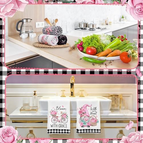 VitalCozy 6 Pcs Pink Rose Kitchen Towels Set Black and White - Image 6
