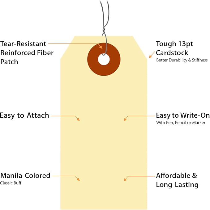 SmartSign Blank Manila Shipping Tags with Wire, Size-2, Pack of 100, 13pt Thick Prewired Cardstock Tag, 3.25 x 1.625 inch Paper Hang Tags with Reinforced Fiber Patch