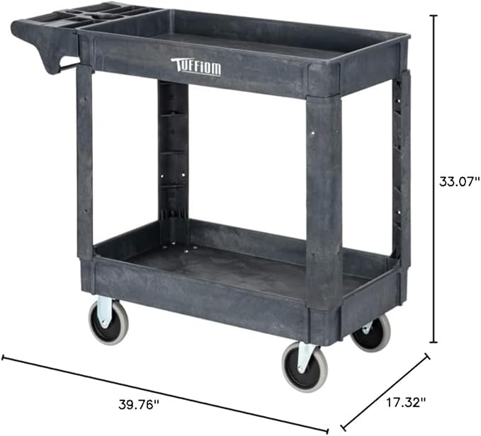 TUFFIOM Plastic Service Utility Cart with Wheels,550lbs Capacity,Heavy Duty Tub Storage Cart W/Deep Shelves, Multipurpose Rolling 2-Tier Mobile Storage Organizer, for Warehouse Garage Industrial Cart