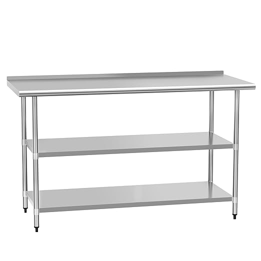 Stainless Steel Table 24" x 60" with 2 Adjustable Undershelves and Backsplash, Commercial Metal Workstations for Kitchen, Garage, Outdoor BBQ