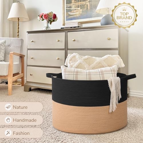 INDRESSME 115L Extra Large Woven Rope Blanket Basket Living Room BlackCamel - Image 7