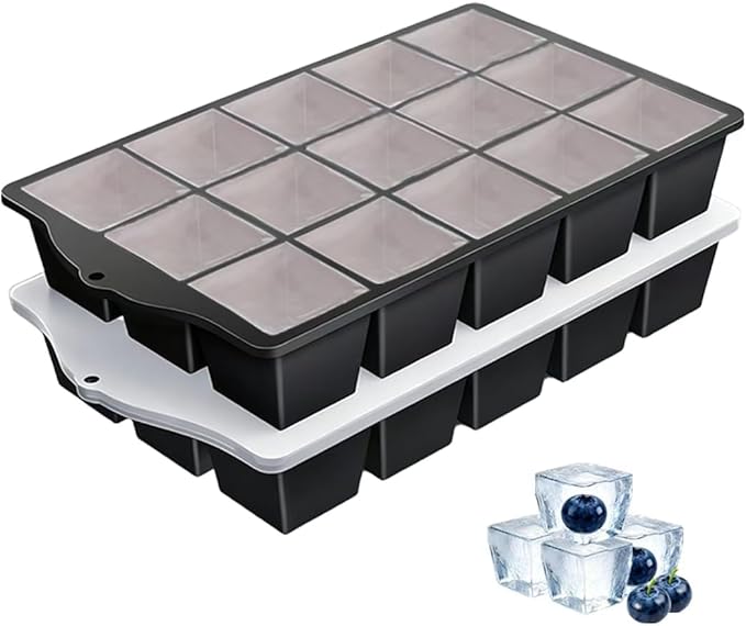 Silicone Ice Cube Tray, 2 Pack Easy-Release Stackable Ice Trays for Freezer with Lid 15 Reusable Cubes, Food Grade BPA Free Ice Molds for Whiskey, Baby Food, Coffee, Cocktail, Drinks (Black)