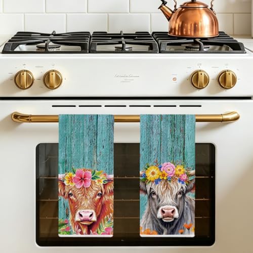 Jztco 2 Pcs Cow Kitchen Towels, Rustic Flower Soft Absorbent Hand Towels - Image 5