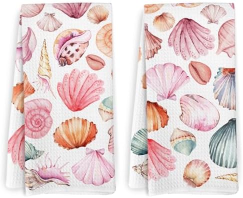 Preppy Seashell Kitchen Towels and Dishcloths Set of 2, Coastal Cowgirl Dish by HFXHANGD