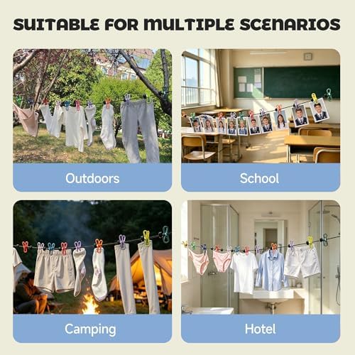 Portable Clothesline with 12 Clothespins, Plus 20 Colorful Clips, Adjustable - Image 5