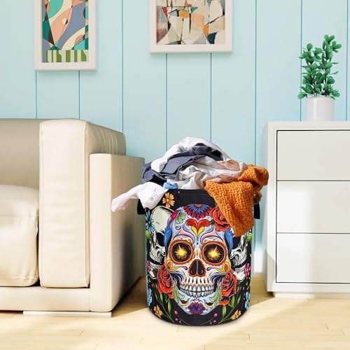 Sugar Skull Skeleton Laundry Basket Foldable Oxford Cloth 18.9 x 16.5 Inch - Image 7