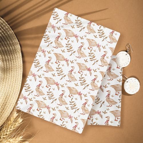 Coquette Pink Bow Silly Goose Kitchen Towels, Rustic Botanical Goose Decorative - Image 2