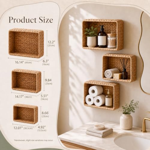 3 Pack Wicker Wall Basket for Bathroom, Rattan Hanging Paper Basket - Image 3