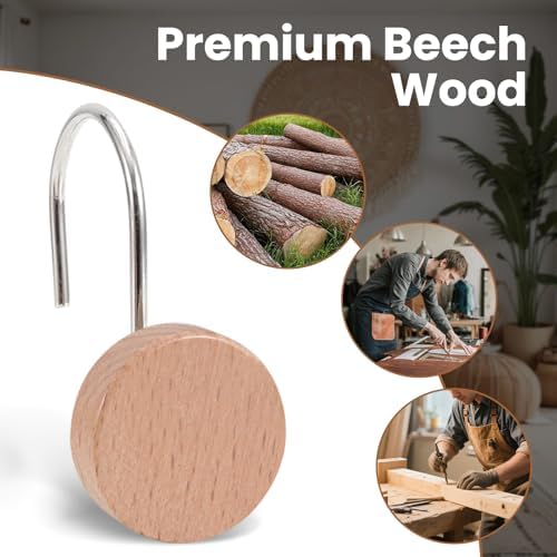 Wood Shower Curtain Hooks Rust Proof, Boho Shower Curtain Hooks Decorative - Image 2