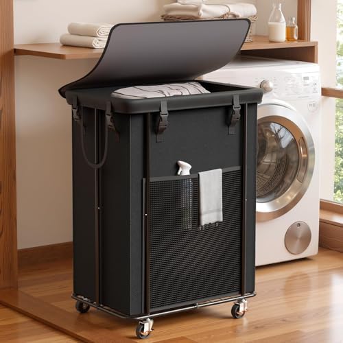 Laundry Hamper with Wheels and Lid, 200L Large Rolling Laundry Basket Black by OLLDIDE
