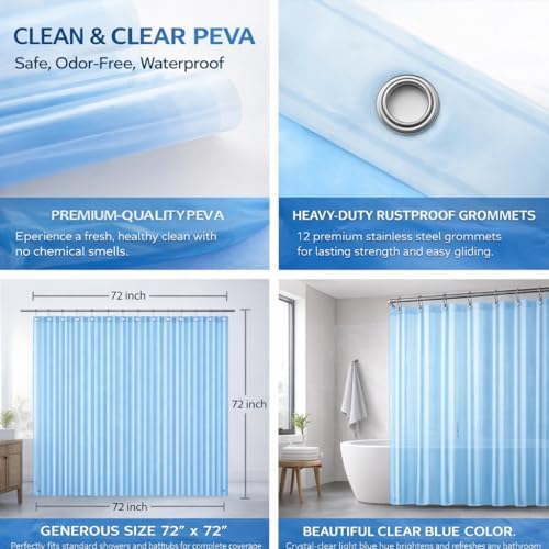 EHZNZIE Clear Blue Shower Curtain Liner 72x72, PEVA Waterproof Bath Curtain - Image 4