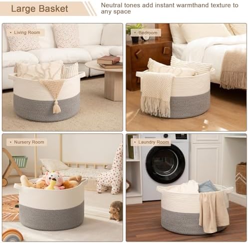 OIAHOMY Large Blanket Basket Living Room Cotton Rope Laundry Basket Grey - Image 5