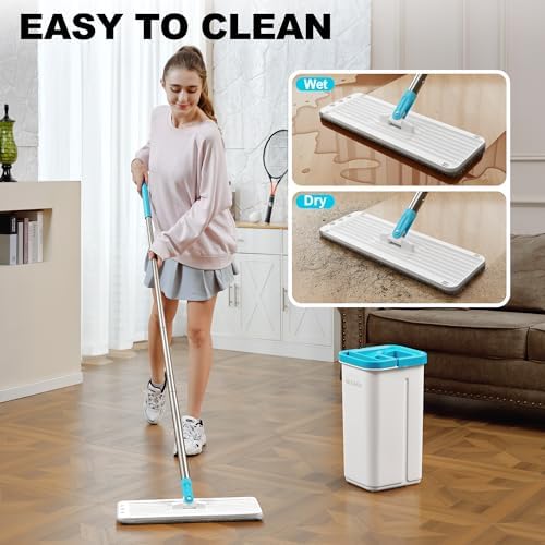 Mop and Bucket Set, Mops for Floor Cleaning Turquoise-Cyan, Squeeze Flat Mop - Image 5