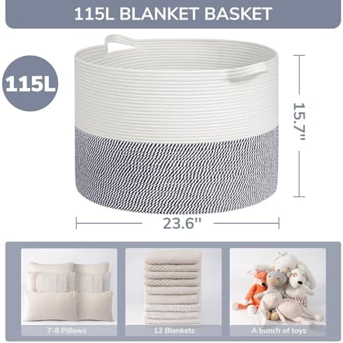 INDRESSME 115L Extra Large Woven Rope Blanket Basket Living Room - Image 2