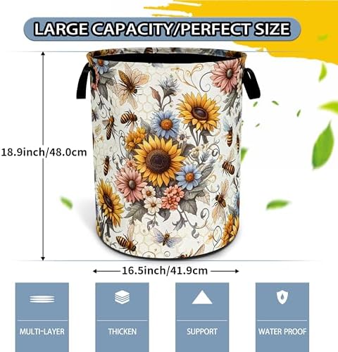 Bee Sunflower Laundry Basket Flower Foldable Waterproof Oxford Cloth - Image 2