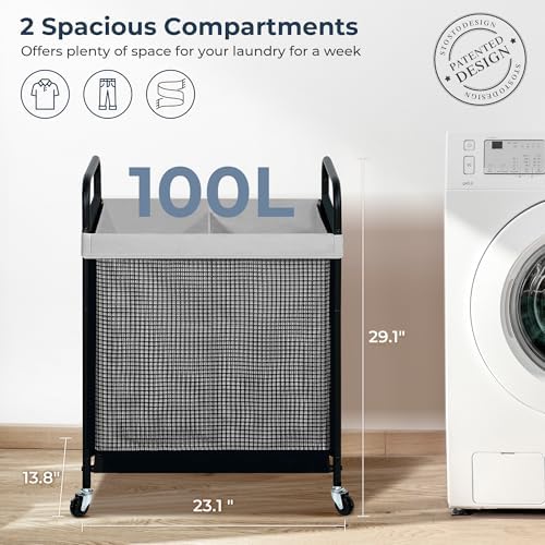 STO STO Laundry Hamper 2 Section, 100L Rolling Laundry Sorter Cart - Image 6