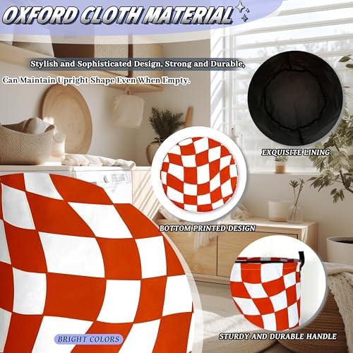 Orange Checkerboard Laundry Basket Oxford Cloth Foldable Hamper 18.9x16.5In - Image 6