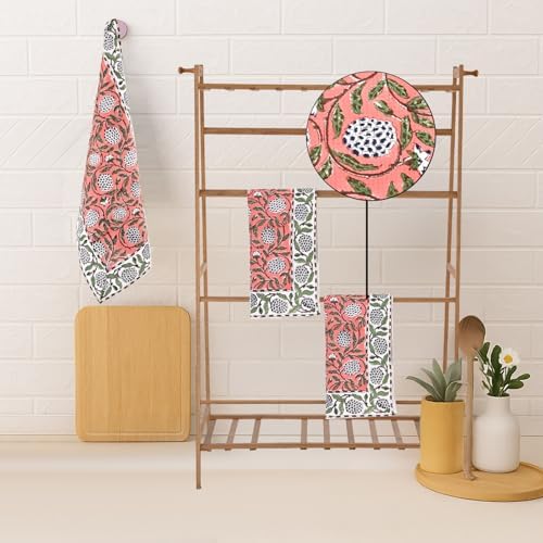 Ridhi Dark Salmon Pink Hand Block Print Cotton Kitchen Towels, 16x28 Inch - Image 6