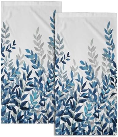 Blue Eucalyptus Hand Towels Set of 2 Spring Summer Floral Watercolor Leaves by Granbey