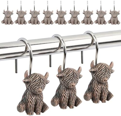 12 Pcs Highland Cow Shower Curtain Hooks, Vintage Resin Shower Curtain Hangers by Unknown