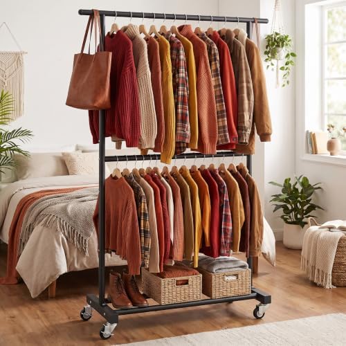 Sywhitta Double Rod Metal Clothing Garment Rack on Wheels - Image 2