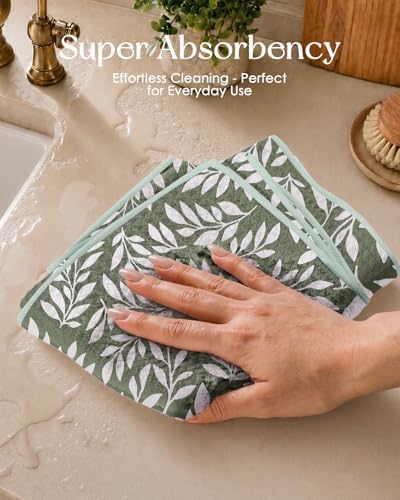 Miss Adola Reversible Microfiber Kitchen Towels Set of 2, Grid & Greenery - Image 3
