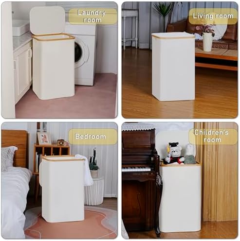 100L Laundry Hamper with Lid, Lagre Basket with Bamboo Handles, Foldable - Image 7