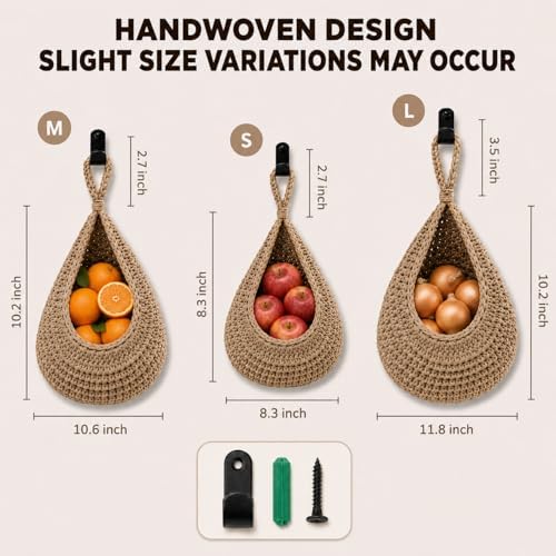 Hanging Fruit Baskets for Kitchen, 3 Pack Handwoven Wall Baskets - Image 2