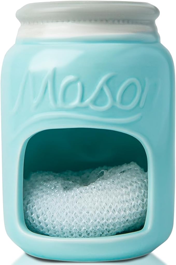 Comfify Aqua Blue Mason Jar Ceramic Sponge Holder – Farmhouse Sink Caddy by Comfify