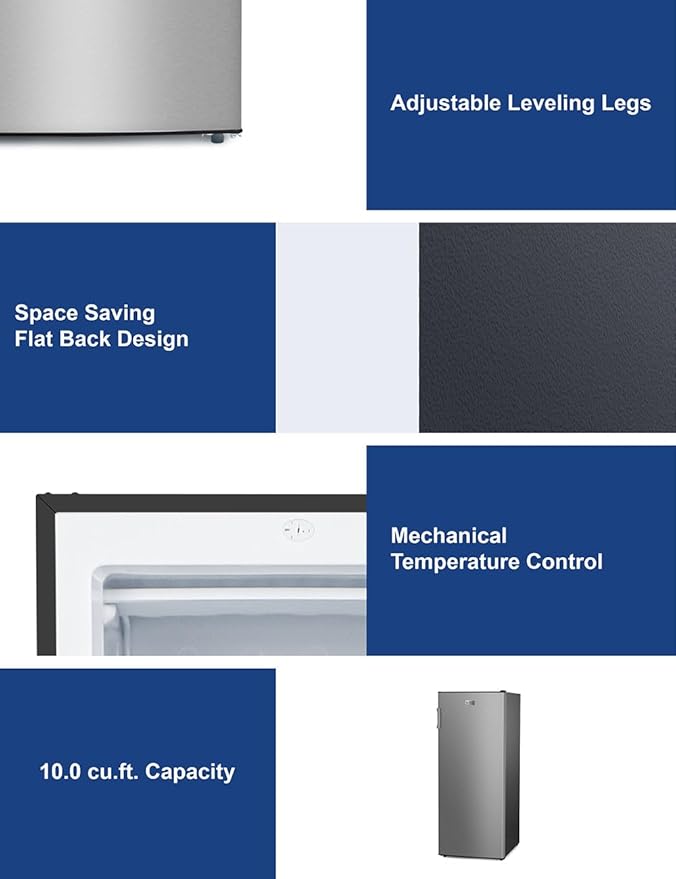 BLACK+DECKER 10 Cu. Ft. Upright Freezer, Stand Up Freezer with Mechanical Temperature Control, Freezer with 3 Shelves and 4 Door Bins, Manual Defrost, R600a Refrigerant, BUF1000LS,Stainless Steel Look