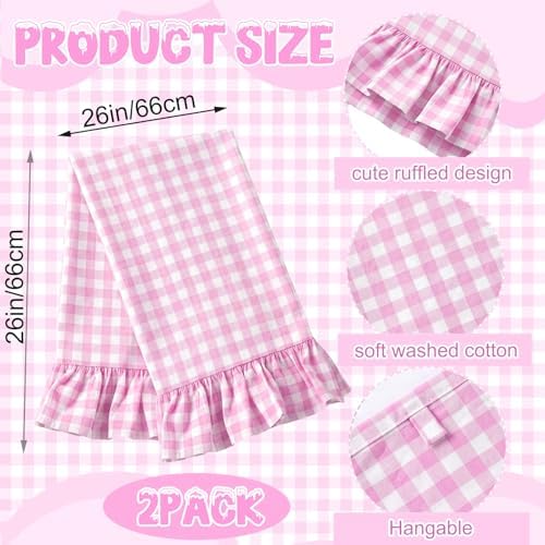 HunnmingRe 2 Pcs Hot Pink Gingham Kitchen Towels Cotton Ruffled - Image 2
