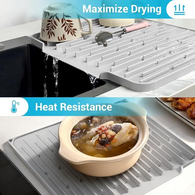 Silicone Dish Drying Mat for Kitchen Counter, Foldable & Heat Resistant Drying Pad with 5° Slope & Wide Drain, 15x12 Inch Non-slip Sink Mat for Bathroom and Countertop.(Light Grey）