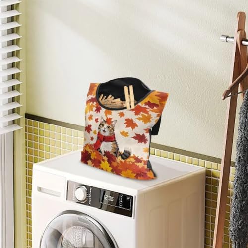 Fall Cat Clothespin Bag Space-Saving Maple Leaf Laundry Hanging Storage - Image 3