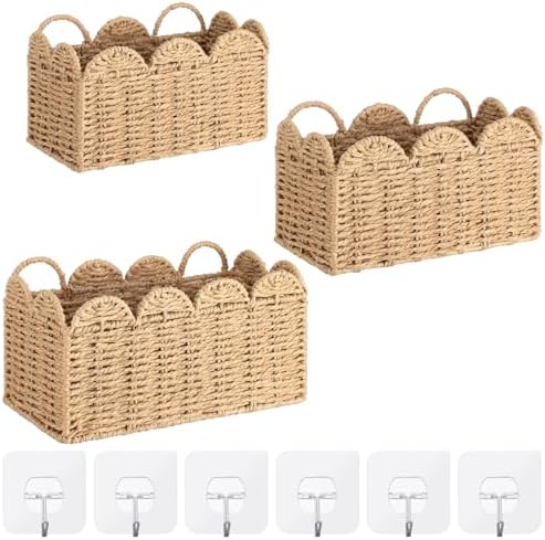 3 Pcs Wall Hanging Baskets, Natural Tan, Paper Cord by Ferrochef