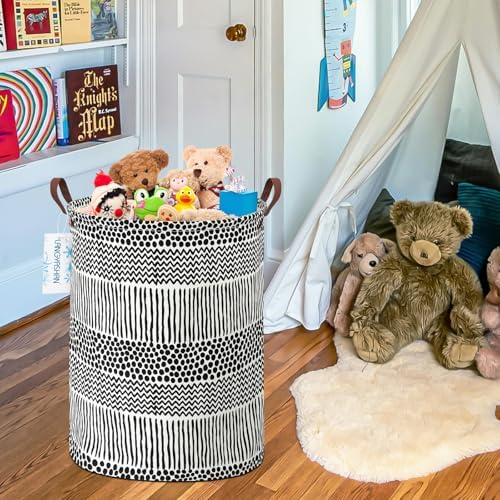 Round Laundry Basket Collapsible Storage Hamper Organizer Black Line - Image 5