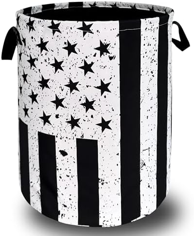 Black White US Flag Laundry Basket Oxford Cloth Foldable Hamper 18.9x16.5In by SELIONLIKN