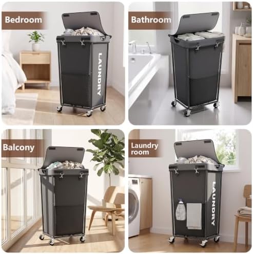 Laundry Hamper with Wheels and Lid, 110L Large Rolling Laundry Basket Gray - Image 6