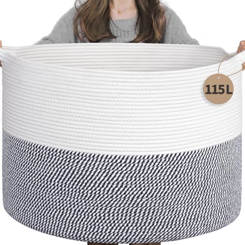 INDRESSME 115L Extra Large Woven Rope Blanket Basket Living Room by INDRESSME