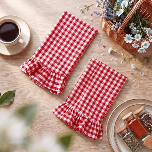 HunnmingRe 2 Pcs Red Gingham Kitchen Towels Cotton Ruffled - Image 3